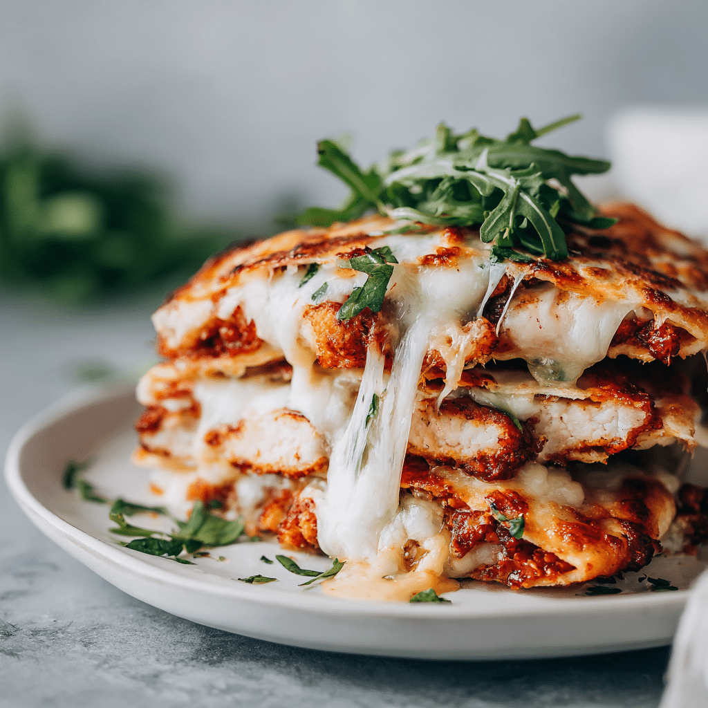 Chicken parm smashed tacos served with melted cheese and fresh rocket