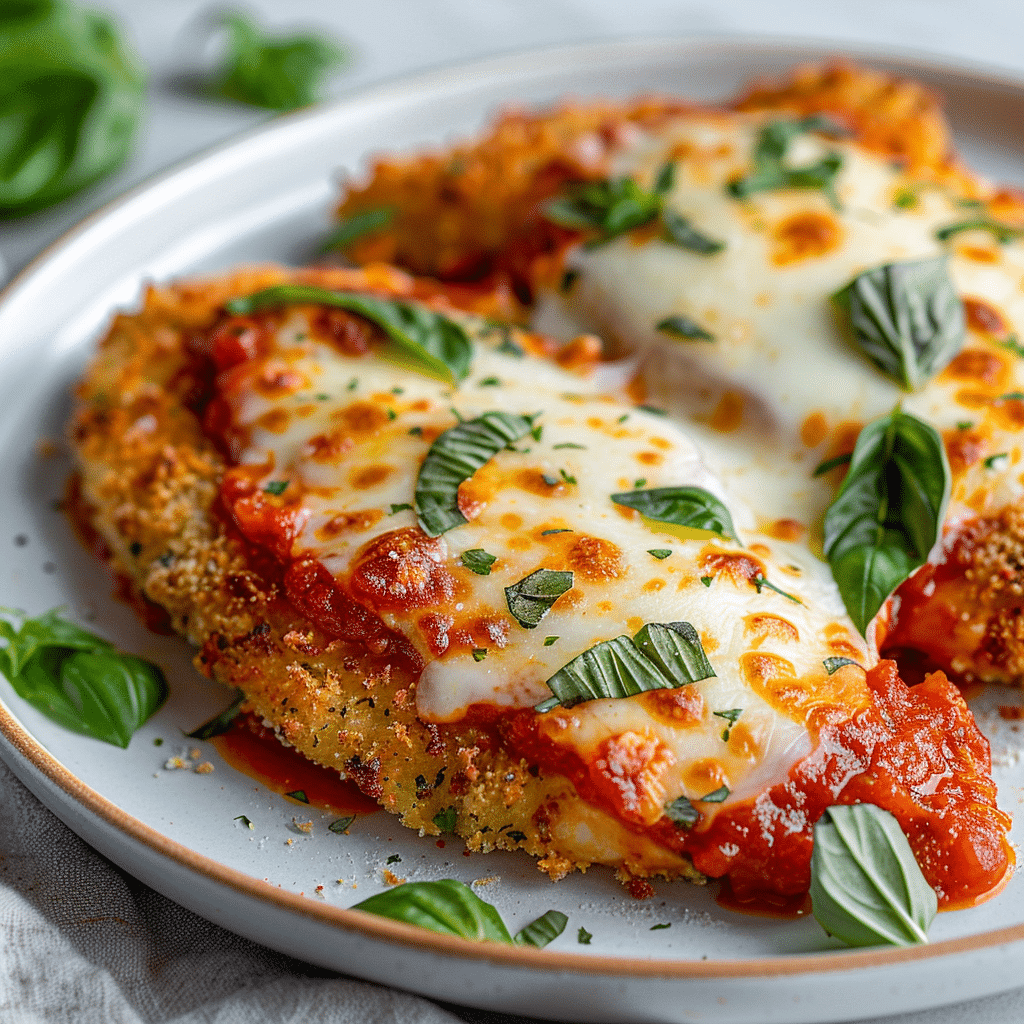 Chicken Parmesan - The Ultimate Crispy Italian Classic Recipe 6 Chicken Parmesan with melted mozzarella and marinara sauce on white plate