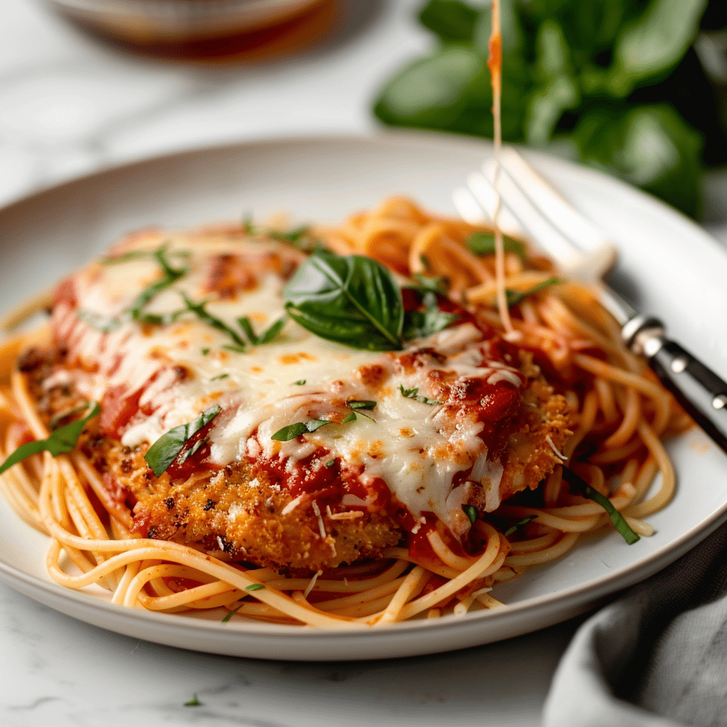 Chicken Parmesan - The Ultimate Crispy Italian Classic Recipe 8 Chicken Parmesan served with spaghetti and fresh basil