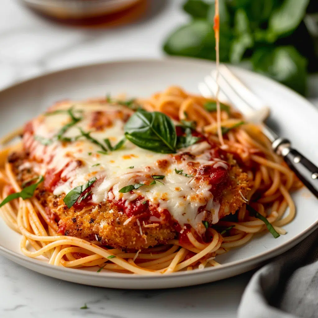 Chicken Parmesan served with spaghetti and fresh basil