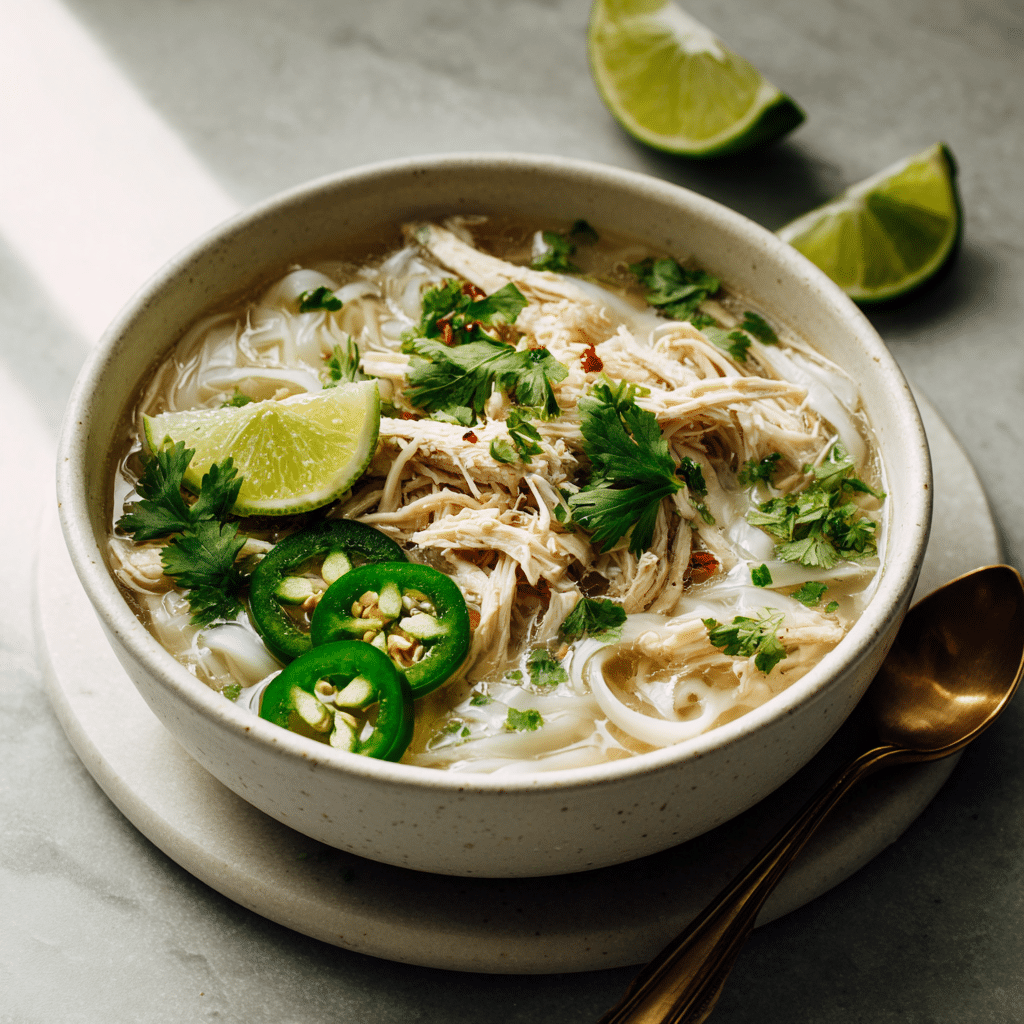 Chicken Pho Soup - Easy Rotisserie Chicken Vietnamese Noodle Bowl 6 Chicken pho soup with rice noodles, shredded chicken, and fresh herbs