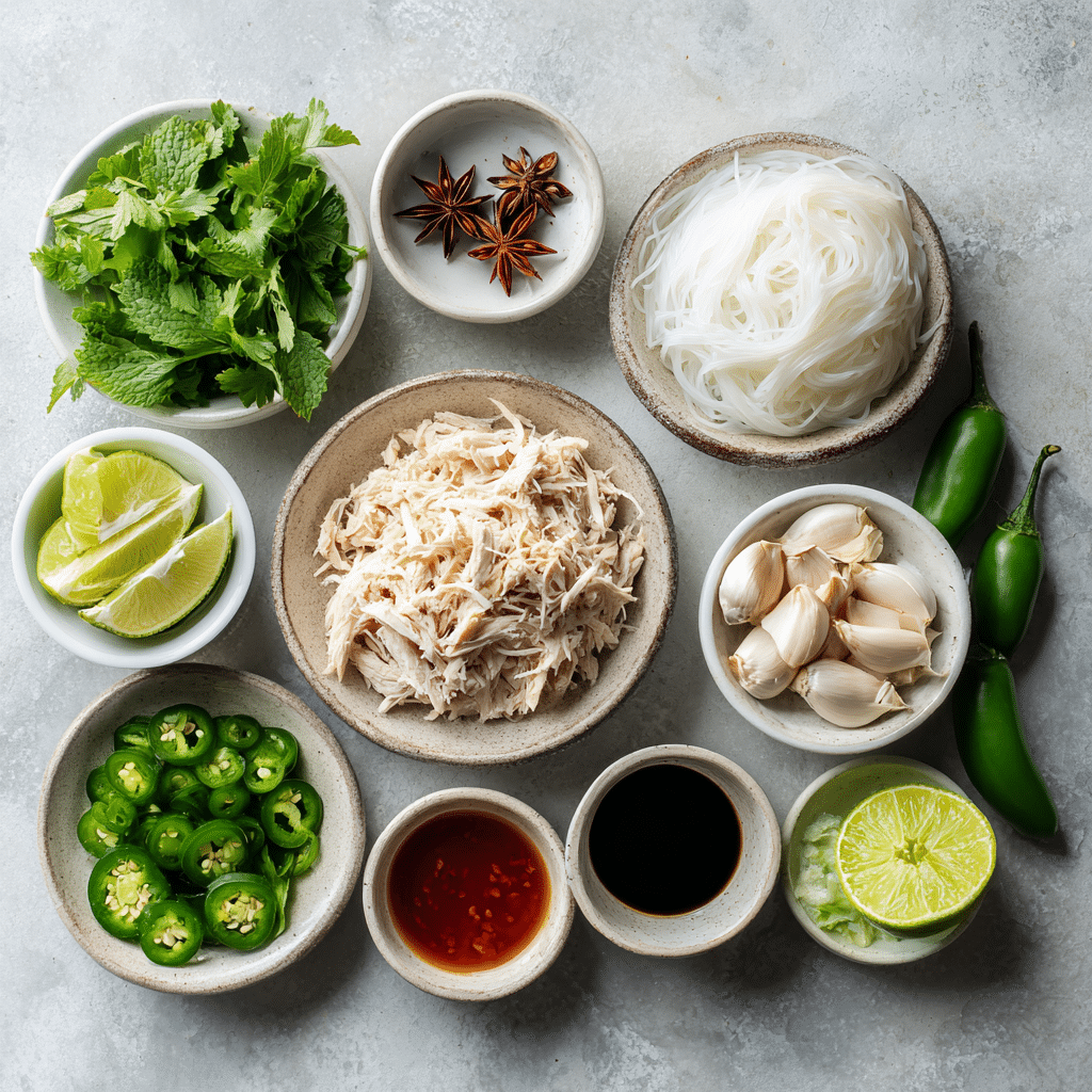 Chicken Pho Soup - Easy Rotisserie Chicken Vietnamese Noodle Bowl 7 Chicken pho ingredients including noodles, herbs, spices, and chicken