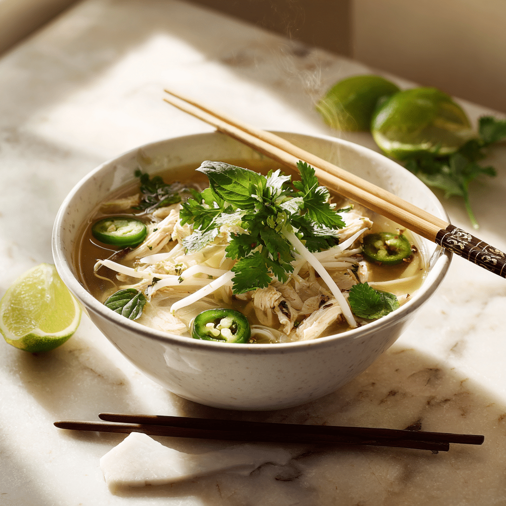 Chicken Pho Soup - Easy Rotisserie Chicken Vietnamese Noodle Bowl 8 Served chicken pho soup with herbs and lime garnish