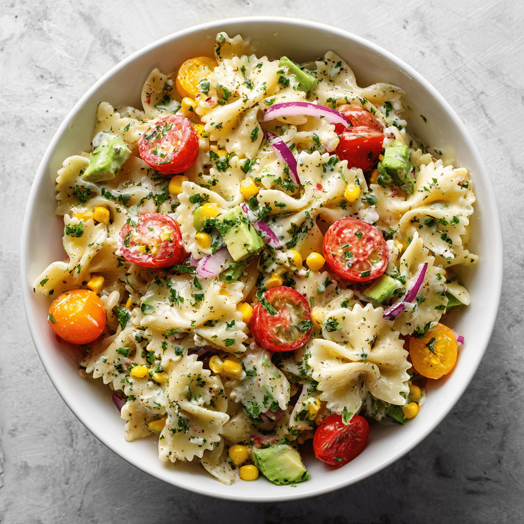 Cilantro lime pasta salad with avocado, corn, and creamy dressing