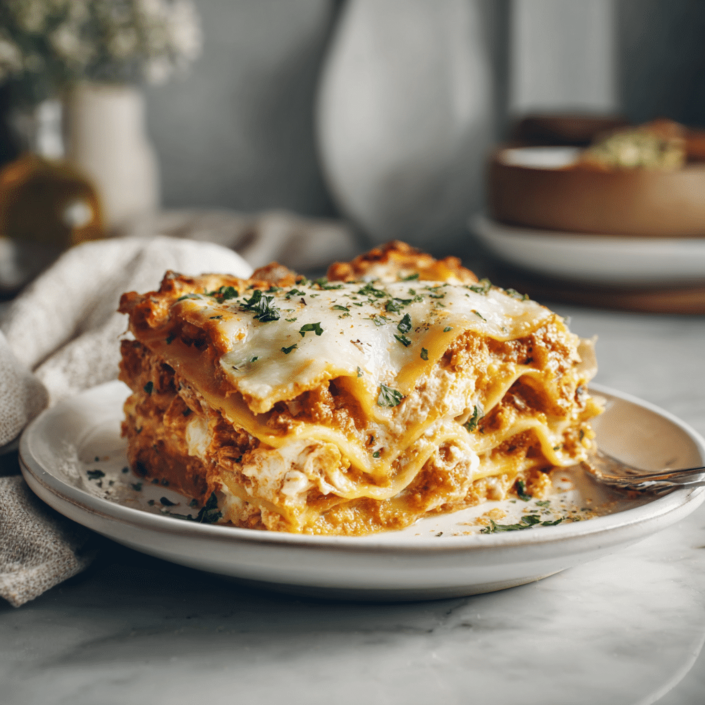 Classic lasagna recipe with ricotta cheese and melted mozzarella on top