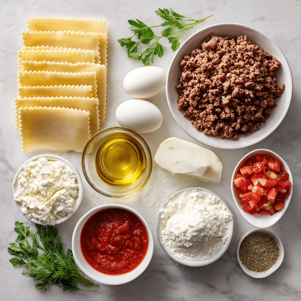 ingredients for classic lasagna recipe with ricotta cheese neatly arranged