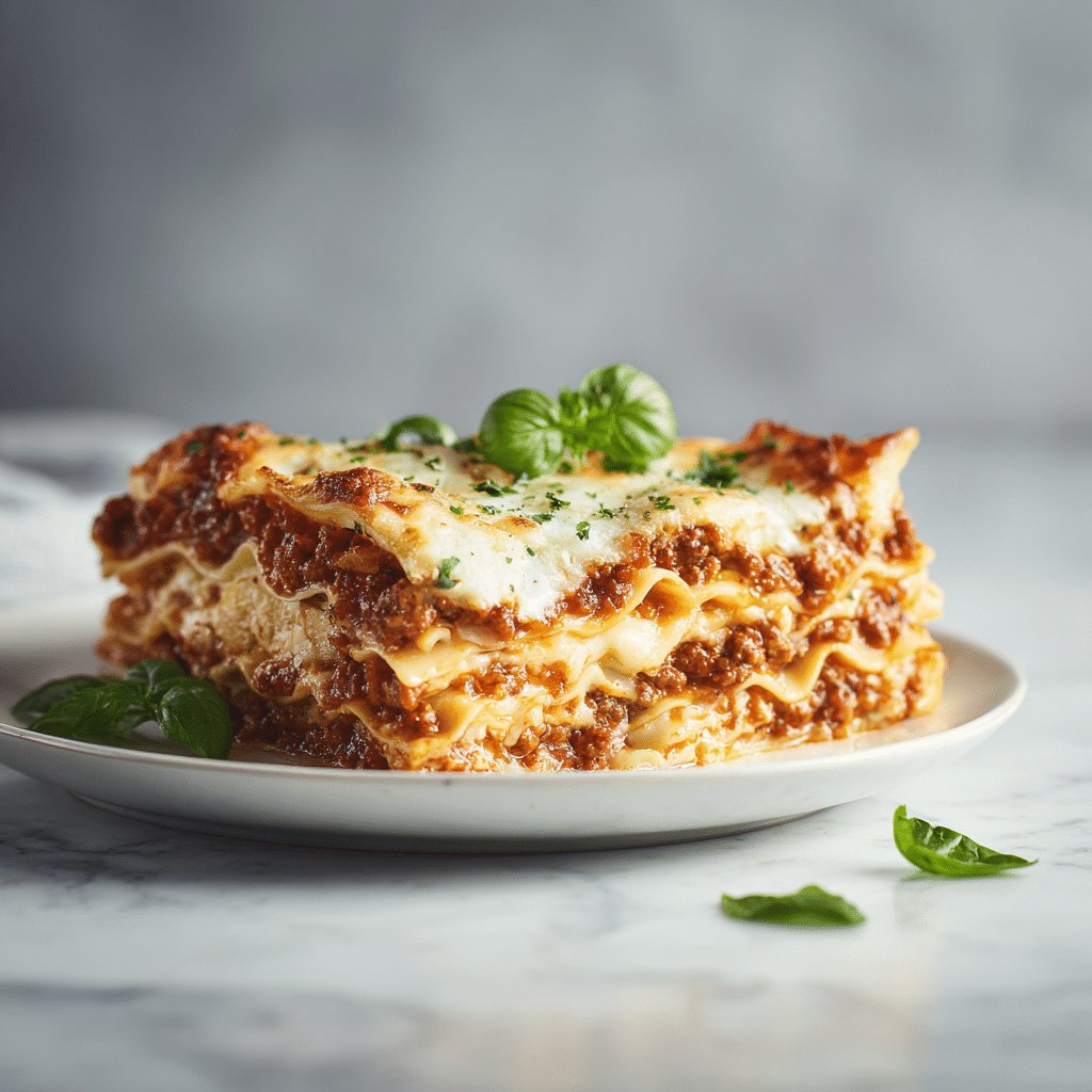 slice of classic lasagna with ricotta cheese served and garnished with basil