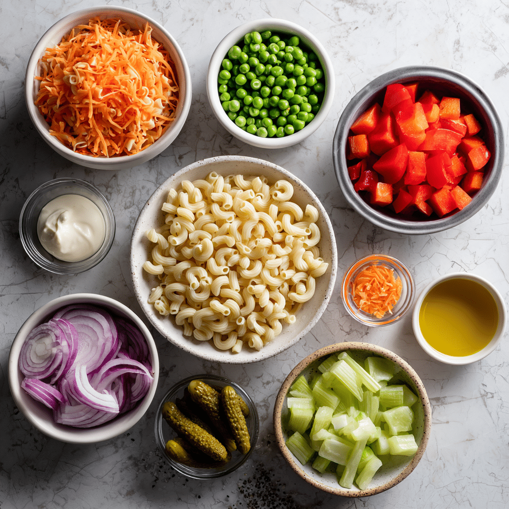 Macaroni Salad Recipe for Every Occasion 7 macaroni salad ingredients laid out on marble countertop