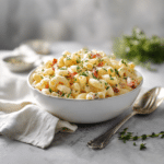 Macaroni Salad Recipe for Every Occasion 9 serving of macaroni salad in white bowl with garnish