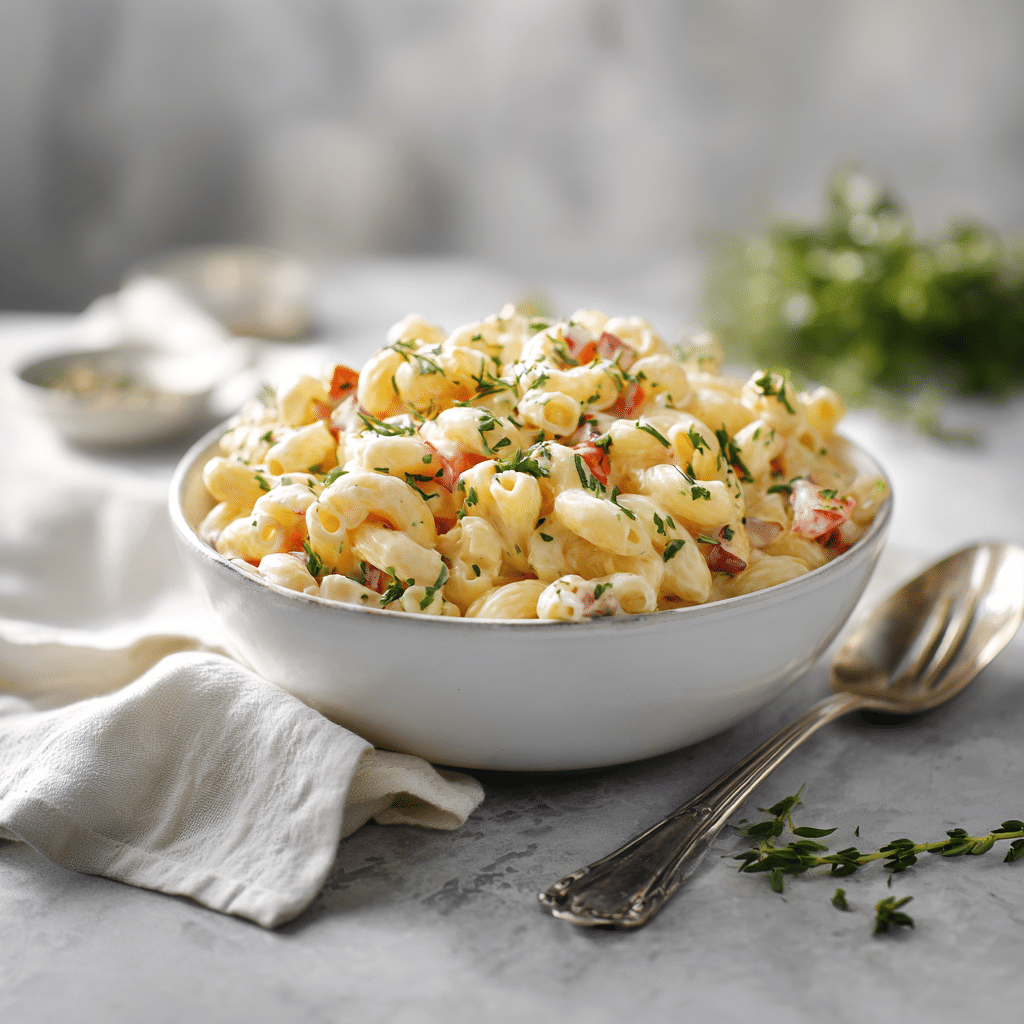 Macaroni Salad Recipe for Every Occasion 8 serving of macaroni salad in white bowl with garnish