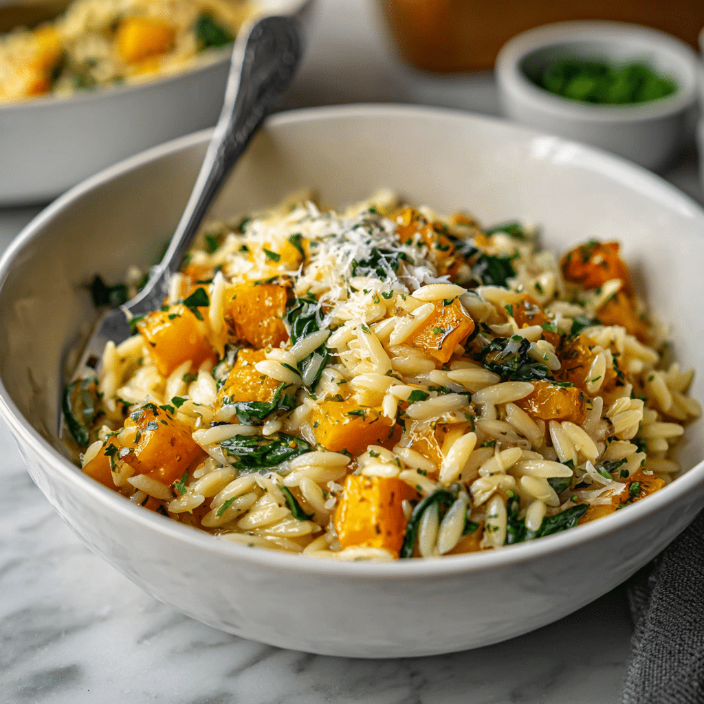 Creamy Orzo with Roasted Butternut Squash and Spinach 6 Creamy orzo with roasted butternut squash and spinach in a white bowl