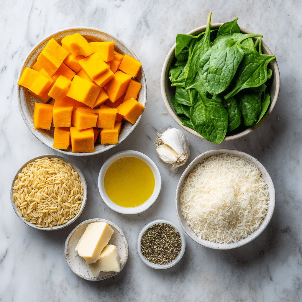 Creamy Orzo with Roasted Butternut Squash and Spinach 7 Ingredients for creamy orzo with butternut squash and spinach laid out