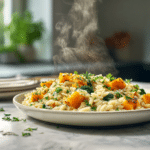 Creamy Orzo with Roasted Butternut Squash and Spinach 9 Serving creamy orzo with roasted butternut squash and spinach with parsley