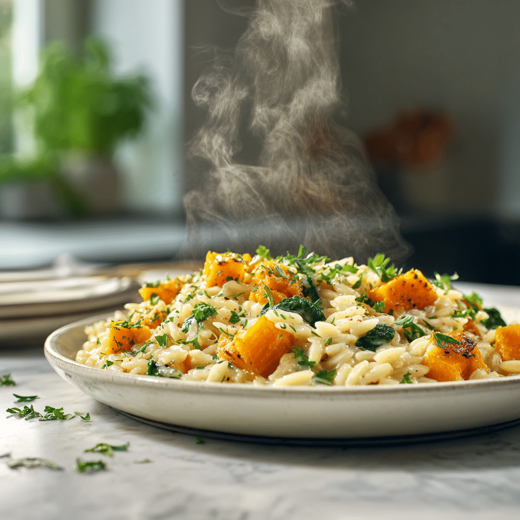 Creamy Orzo with Roasted Butternut Squash and Spinach 8 Serving creamy orzo with roasted butternut squash and spinach with parsley