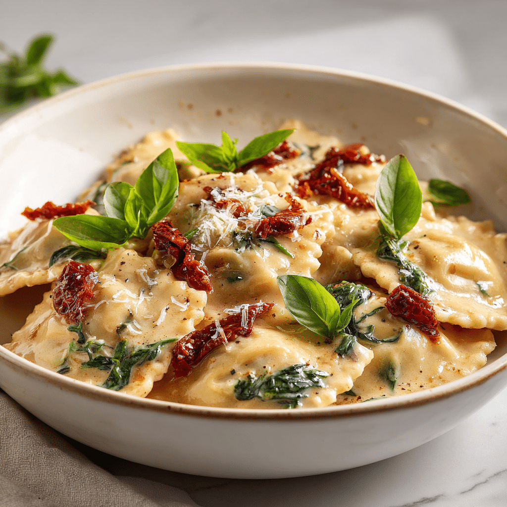 Creamy Tuscan ravioli in rich garlic parmesan sauce with spinach and sun dried tomatoes