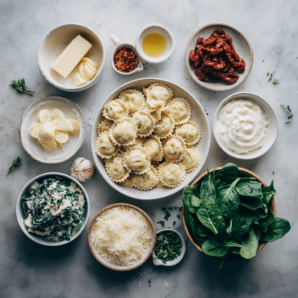 ingredients for creamy Tuscan ravioli including spinach parmesan and sun dried tomatoes