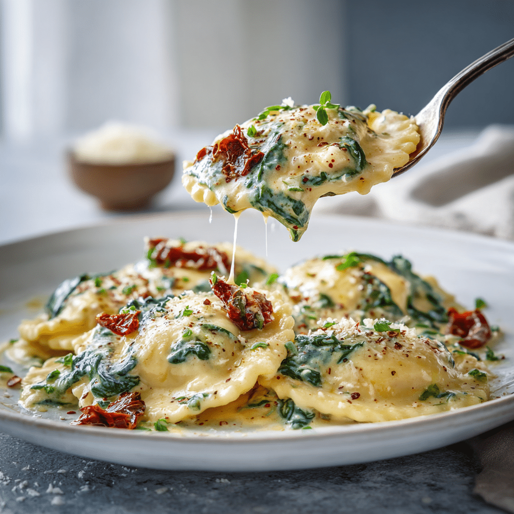 serving creamy Tuscan ravioli with parmesan and fresh basil