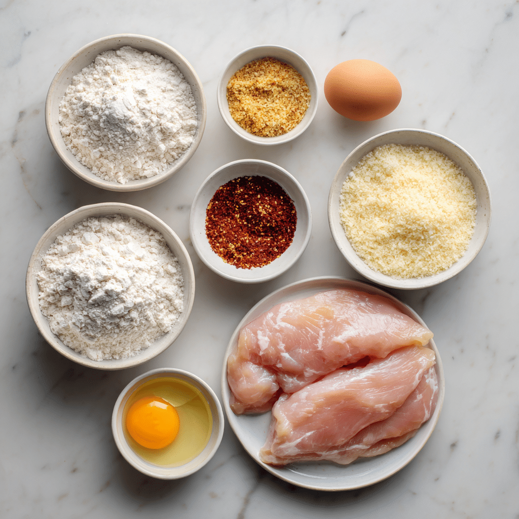 Crispy Panko Crusted Chicken Breasts 7 ingredients for crispy panko crusted chicken breasts on marble counter
