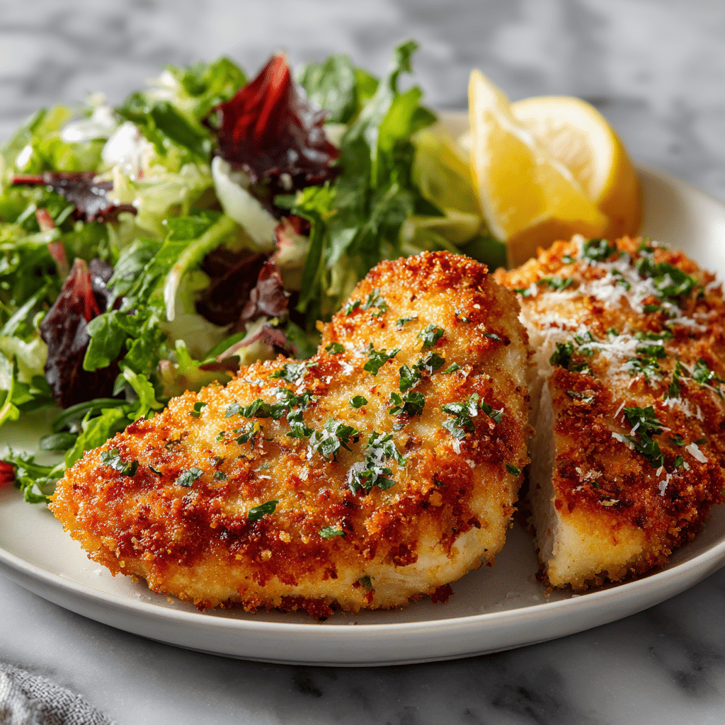 Crispy Panko Crusted Chicken Breasts 8 crispy panko crusted chicken served with salad and lemon