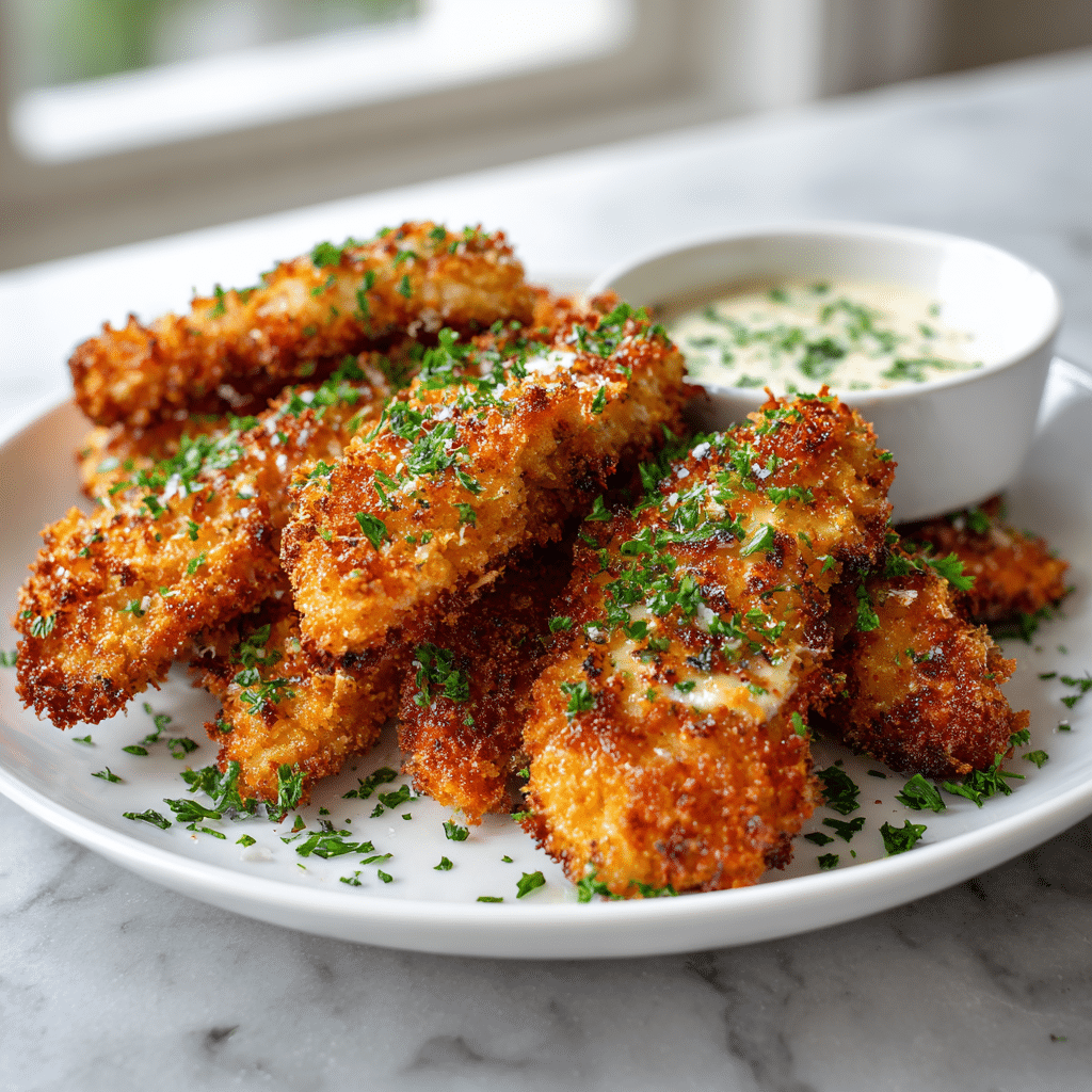 Crispy parmesan chicken tenders served golden brown on white plate