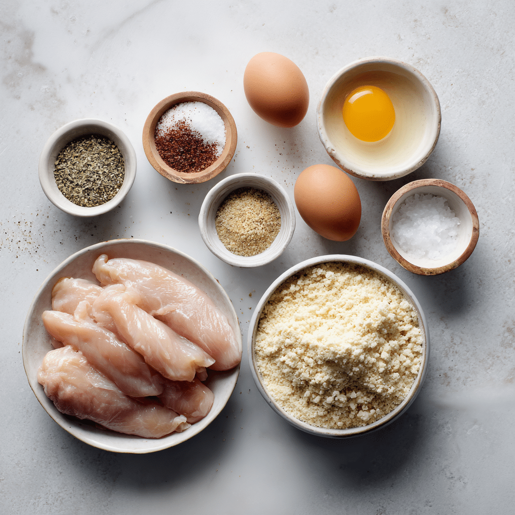 Ingredients for crispy parmesan chicken tenders arranged on marble surface
