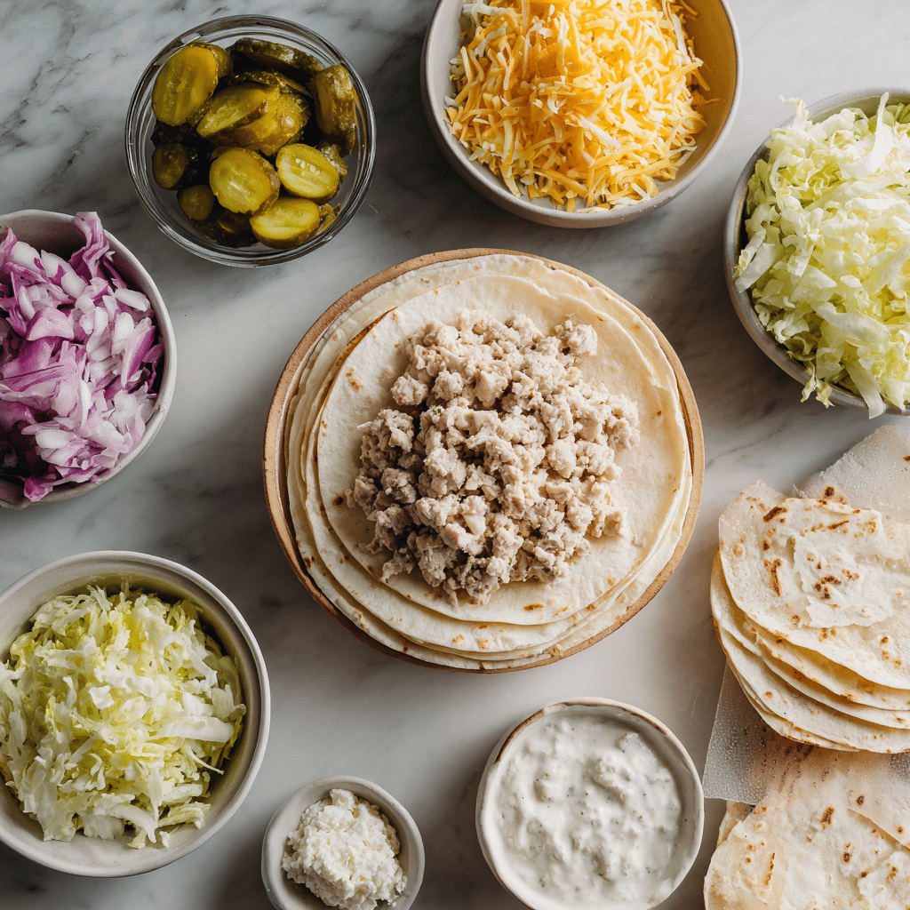 ingredients for dill pickle ranch smash chicken tacos