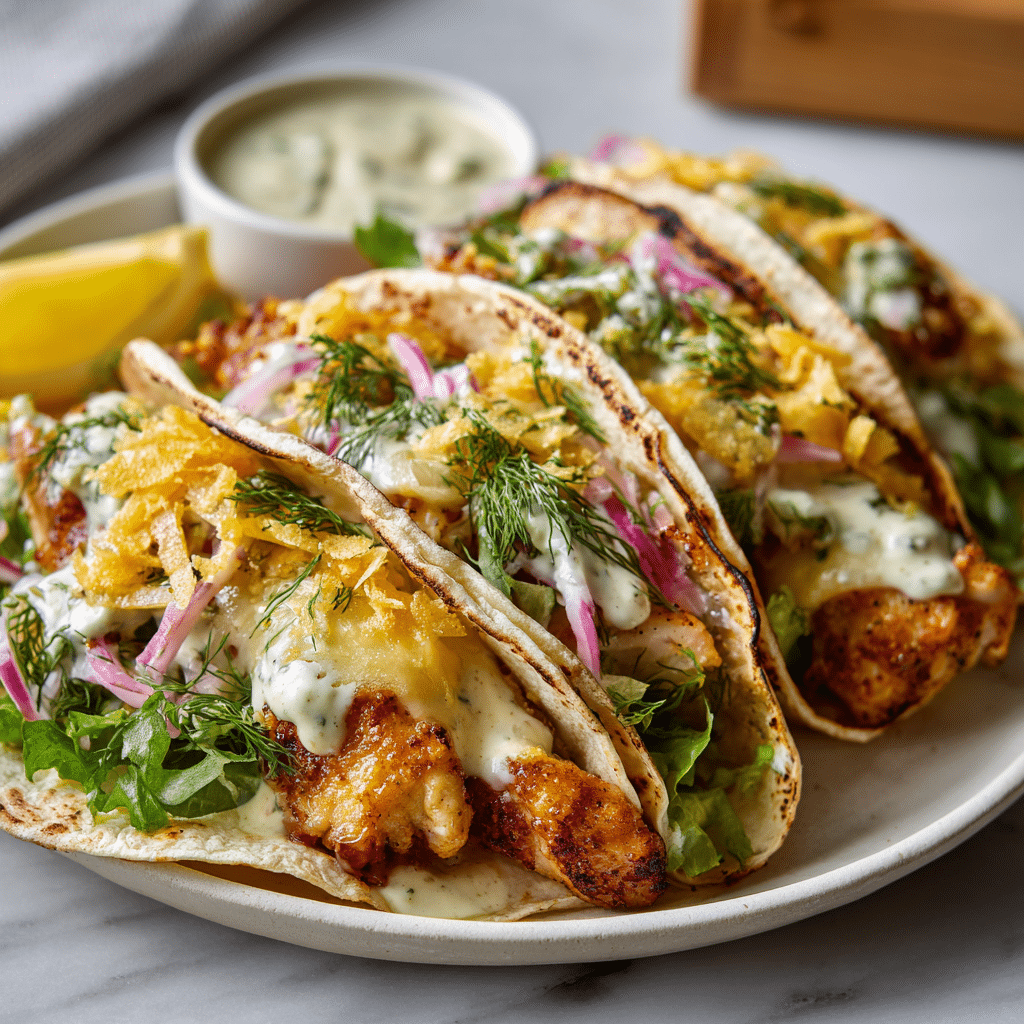 serving dill pickle ranch smash chicken tacos crispy cheese topping