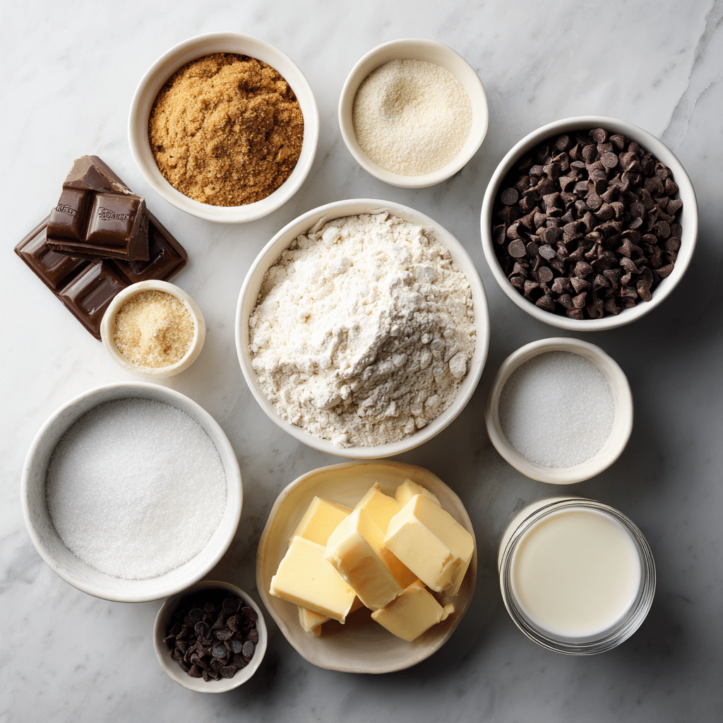 ingredients for edible chocolate chip cookie dough recipe laid out