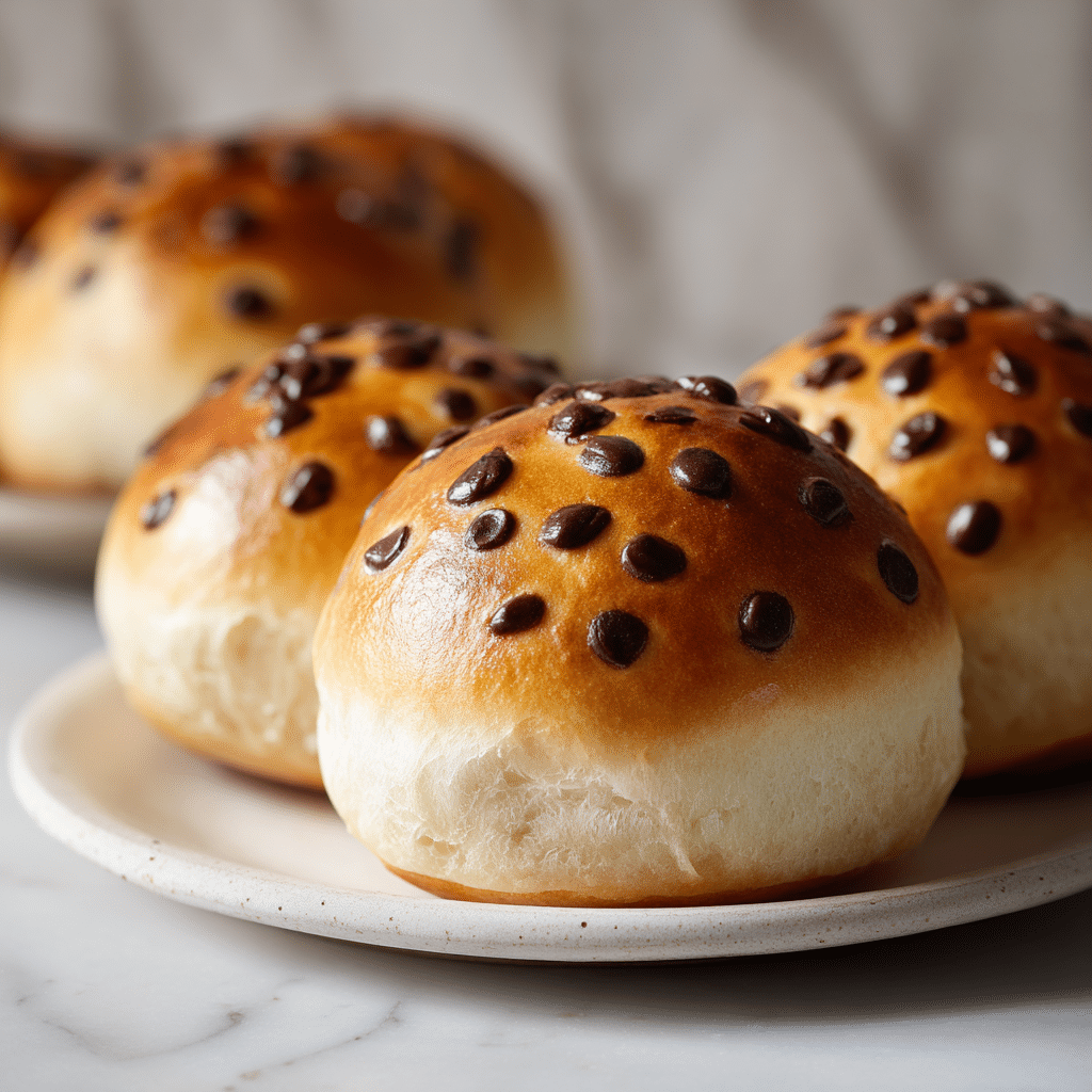 Fluffiest chocolate chip milk buns stacked on a plate with melted chocolate chips