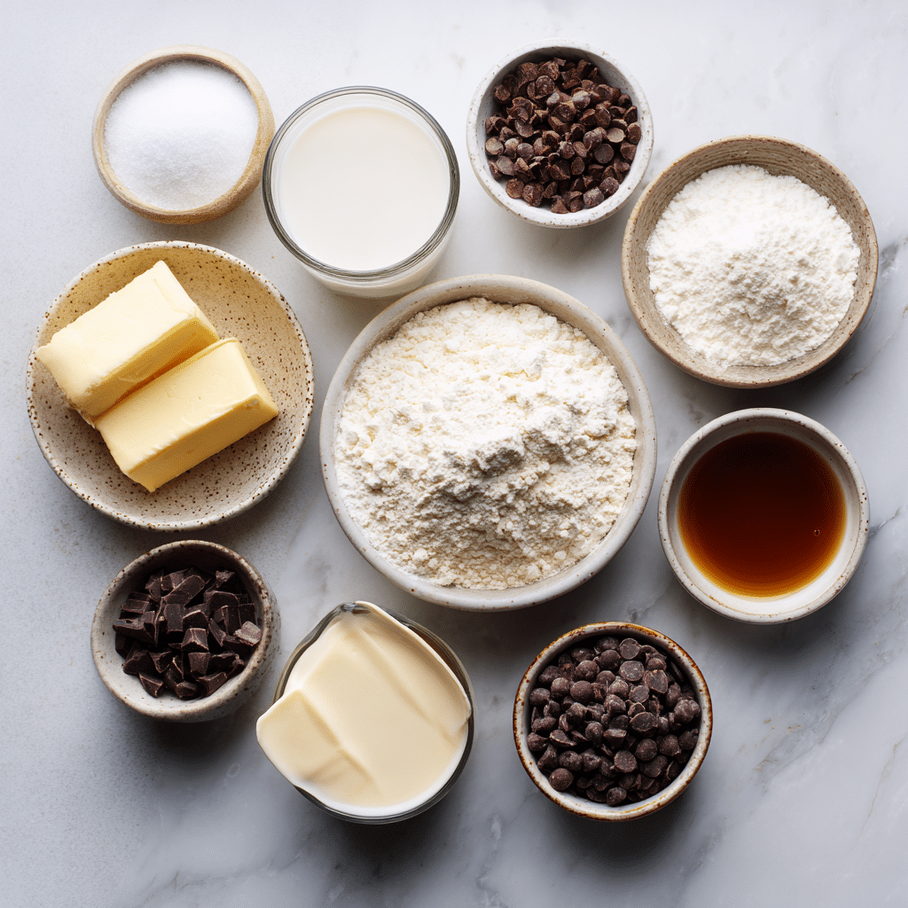 Ingredients for chocolate chip milk buns including flour milk butter yeast and chocolate chips