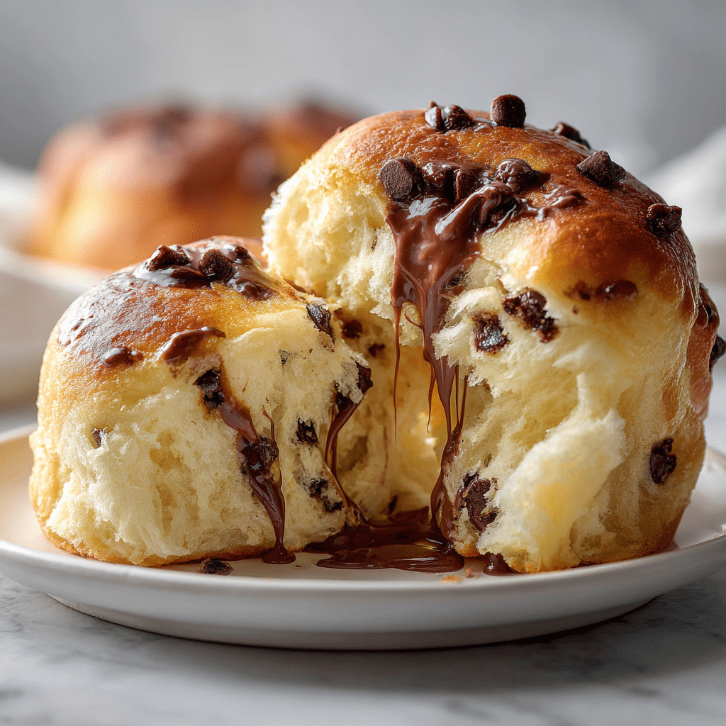 Chocolate chip milk bun pulled apart showing soft fluffy texture and melted chocolate