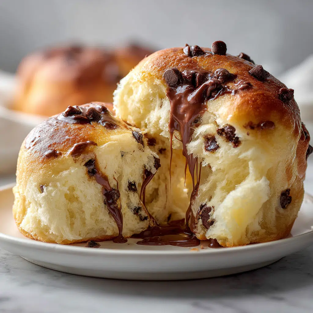 The Fluffiest Chocolate Chip Milk Buns 8 Chocolate chip milk bun pulled apart showing soft fluffy texture and melted chocolate