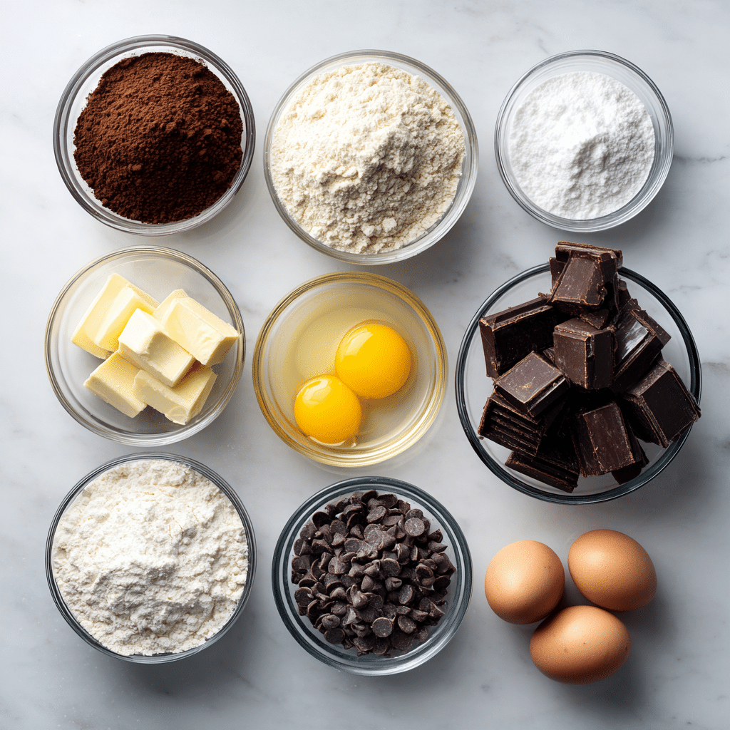 brookies ingredients laid out including chocolate flour eggs and sugar