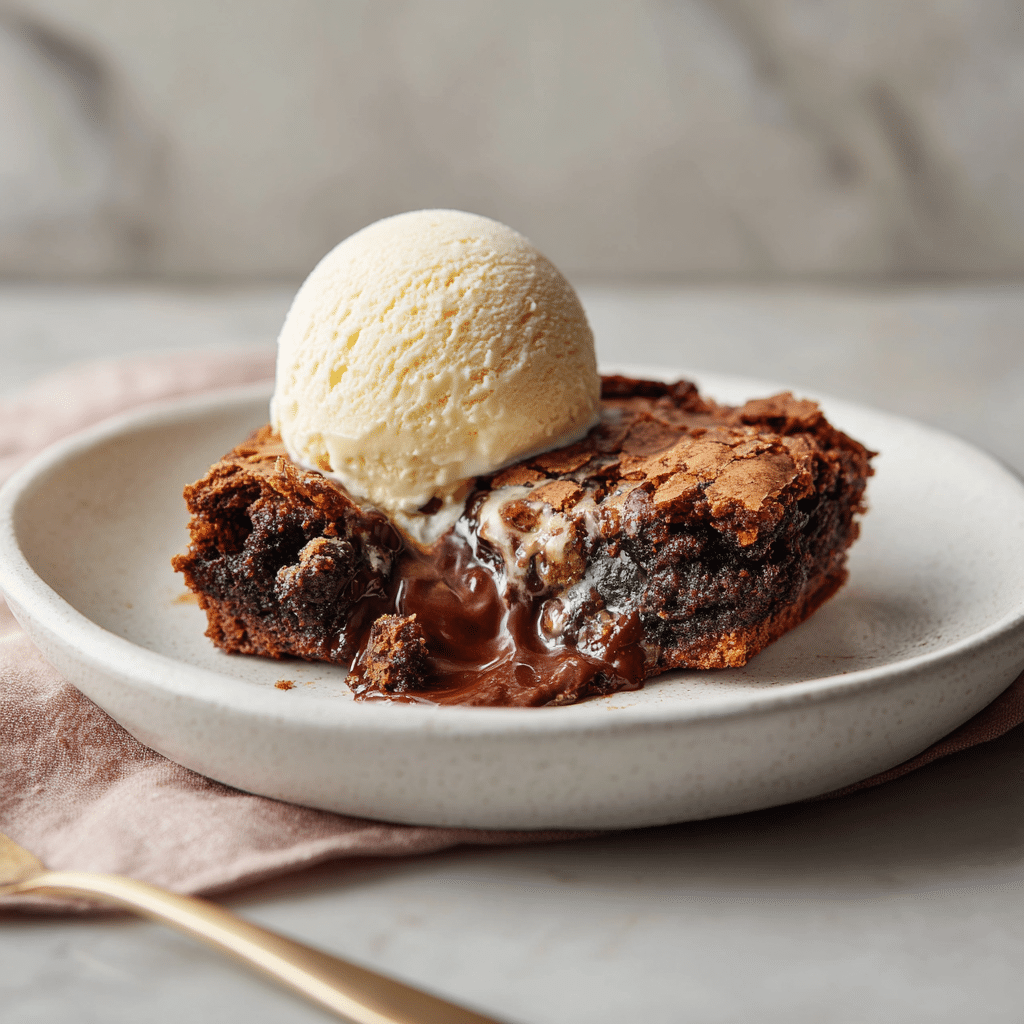 brookie served warm with melted chocolate and vanilla ice cream