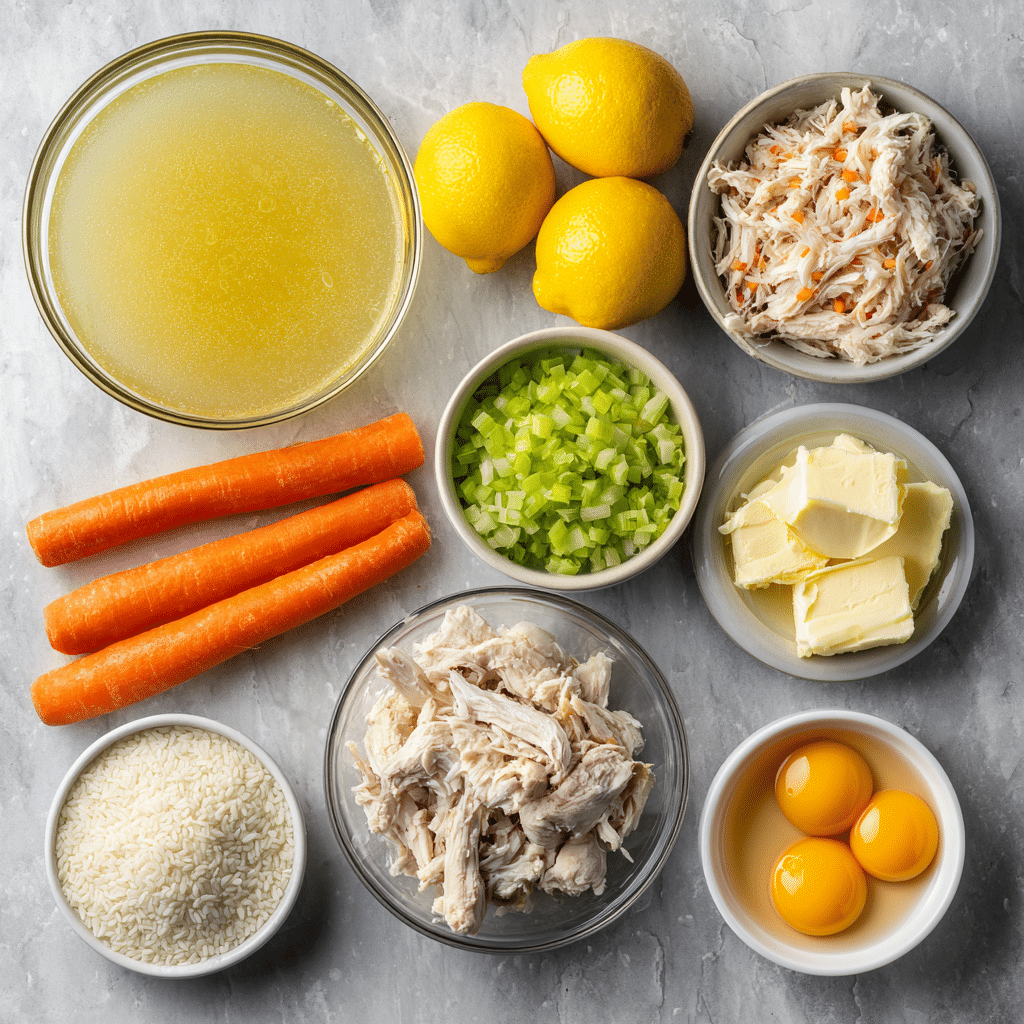 Greek Lemon Chicken Soup - The Ultimate Silky Avgolemono Guide 7 ingredients for Greek lemon chicken soup laid out on marble surface