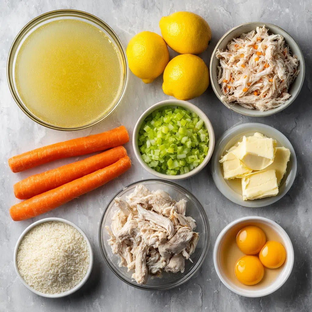 Greek Lemon Chicken Soup - The Ultimate Silky Avgolemono Guide 7 ingredients for Greek lemon chicken soup laid out on marble surface