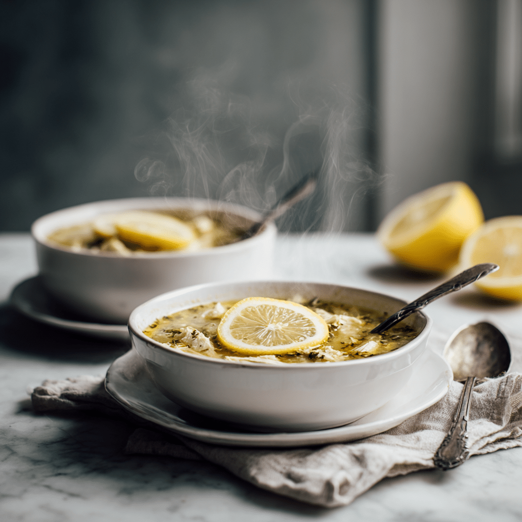 Greek Lemon Chicken Soup - The Ultimate Silky Avgolemono Guide 8 serving Greek lemon chicken soup with lemon slices and steam