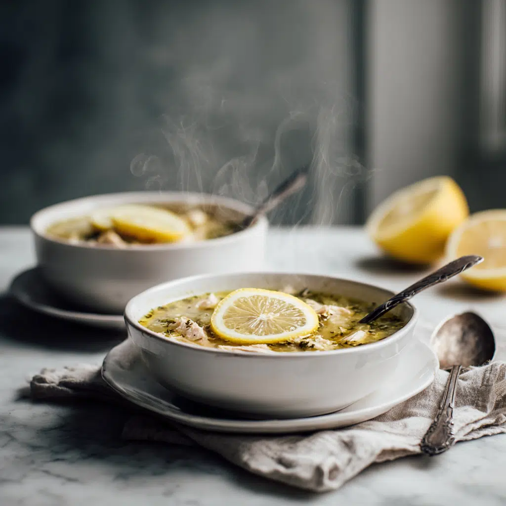 Greek Lemon Chicken Soup - The Ultimate Silky Avgolemono Guide 8 serving Greek lemon chicken soup with lemon slices and steam