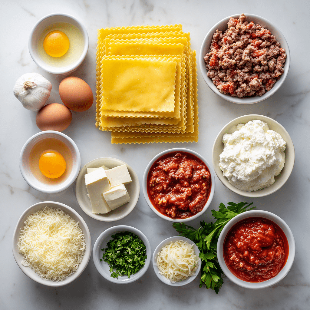 Ingredients for Maggiano’s lasagna recipe including beef, sausage, cheese, and pasta