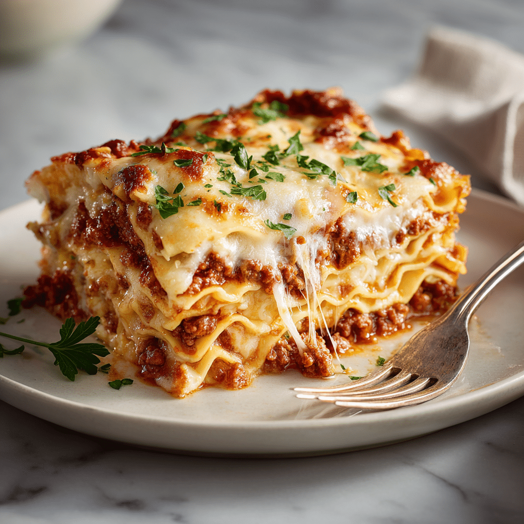Serving slice of Maggiano’s lasagna with melted cheese and meat sauce layers