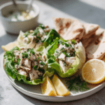 Mediterranean chicken salad served in pita and lettuce wraps