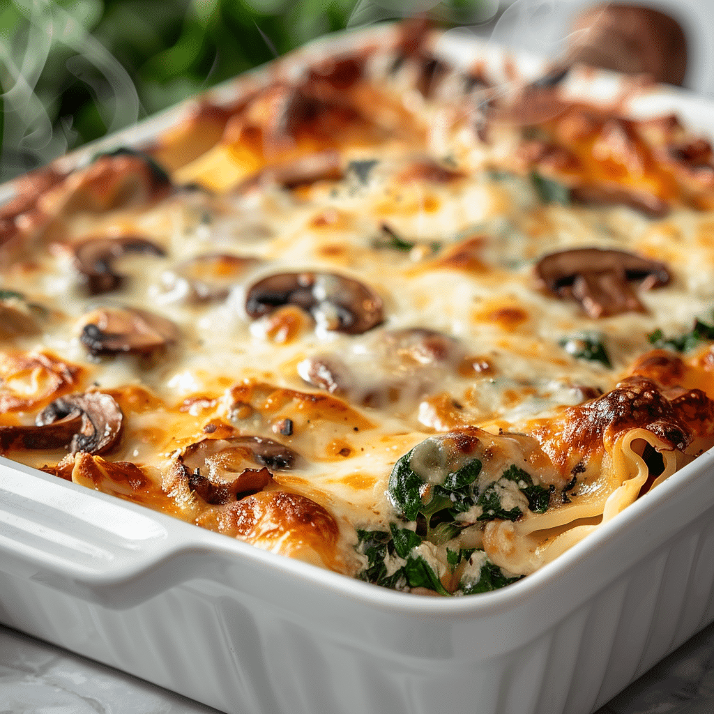 Mushroom and spinach lasagna baked with melted cheese