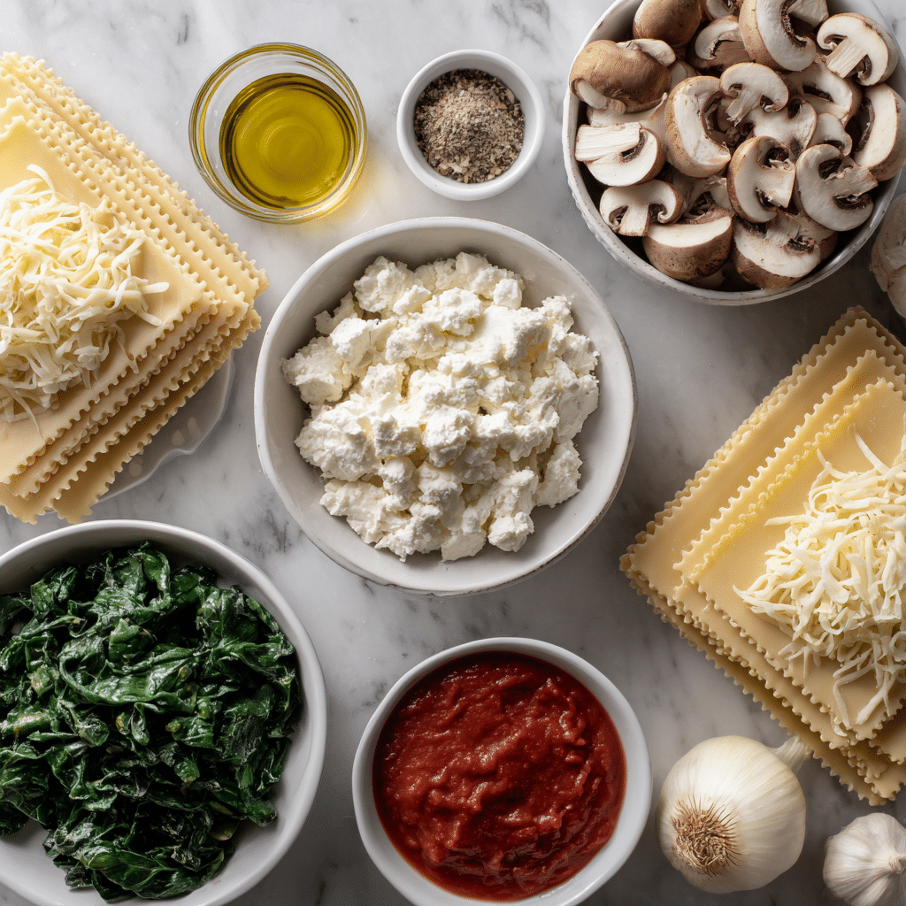 Mushroom and spinach lasagna ingredients on marble countertop