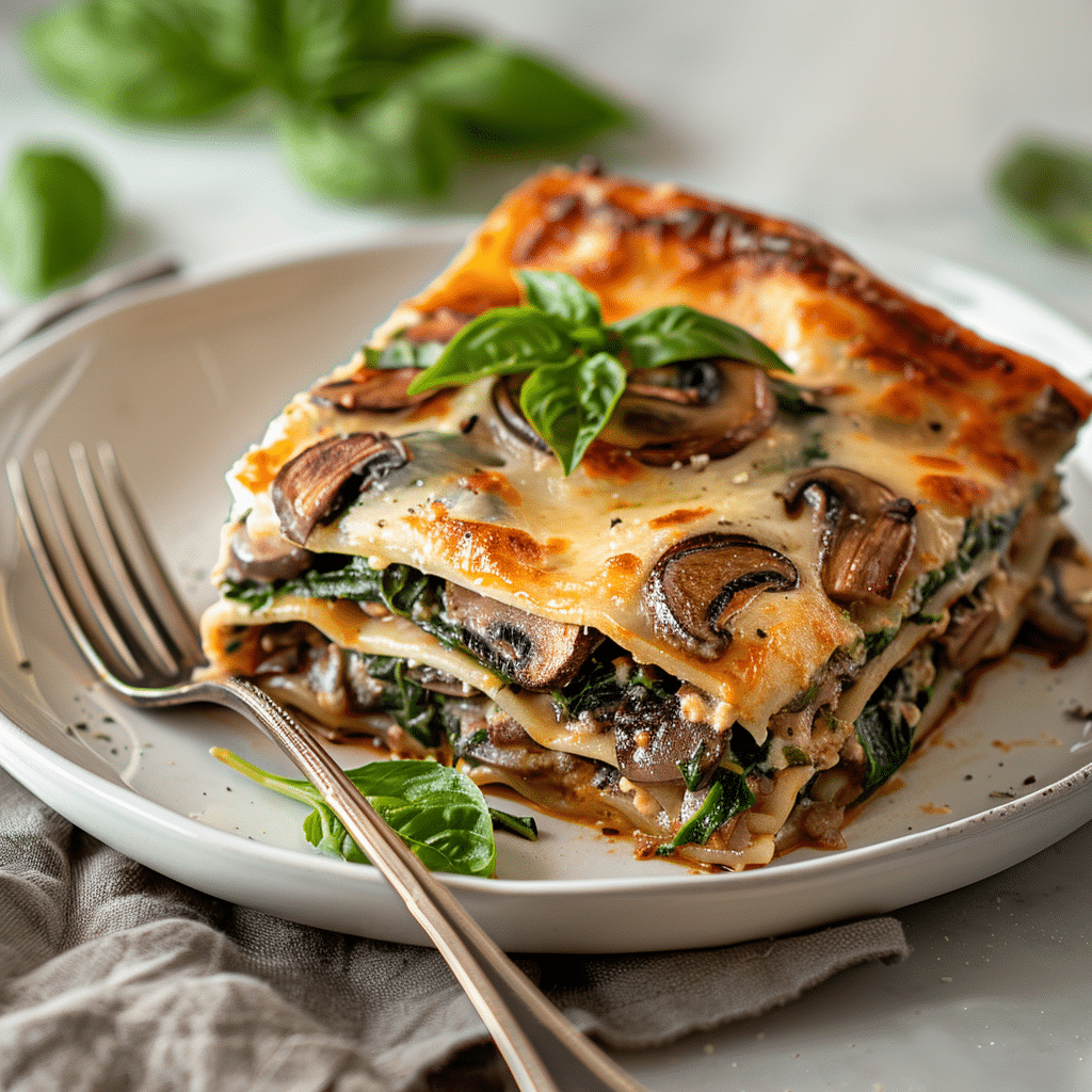 Slice of mushroom and spinach lasagna served on plate