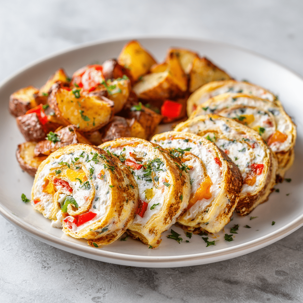 Omelette Rollups with Smoky Fried Potatoes 6 Omelette rollups with smoky fried potatoes served on a white plate