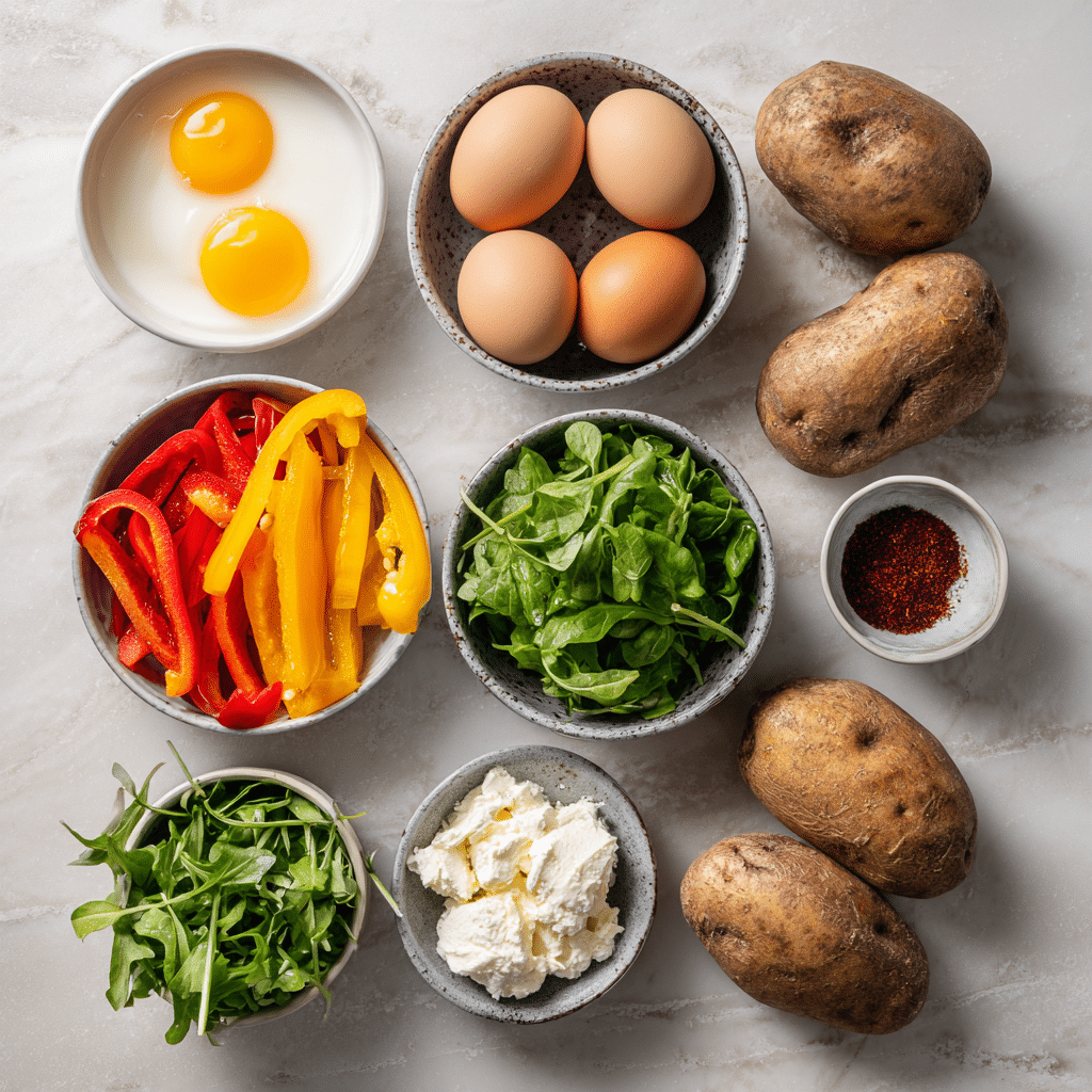 Omelette Rollups with Smoky Fried Potatoes 7 Ingredients for omelette rollups and smoky fried potatoes on marble surface