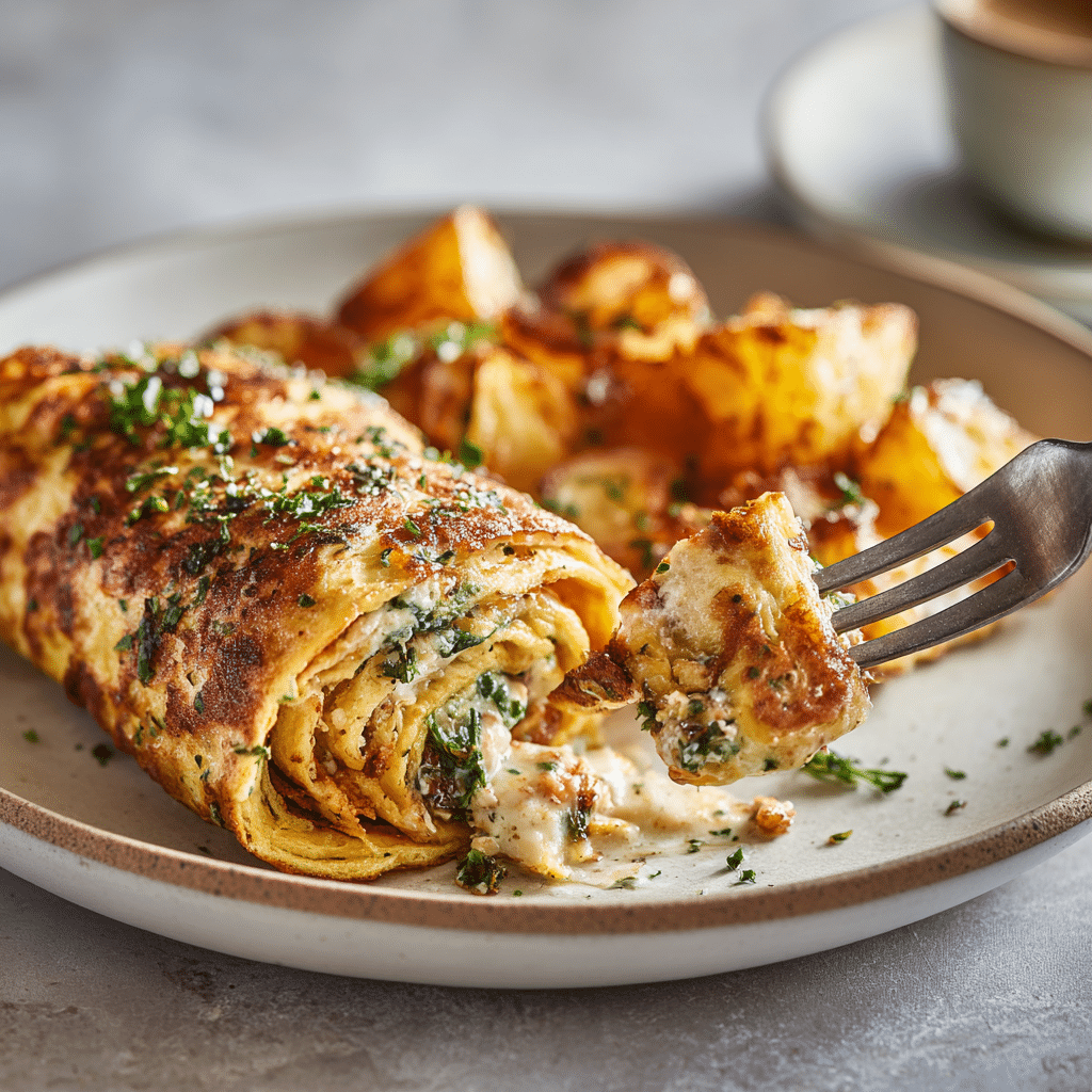 Omelette Rollups with Smoky Fried Potatoes 8 Serving omelette rollups with creamy filling and smoky potatoes