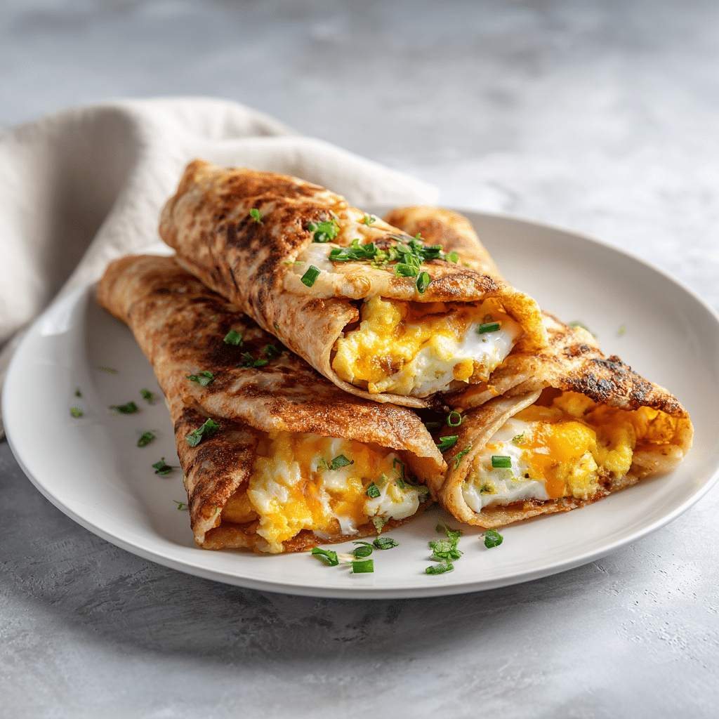 one pan breakfast wrap with eggs and cheese on white plate