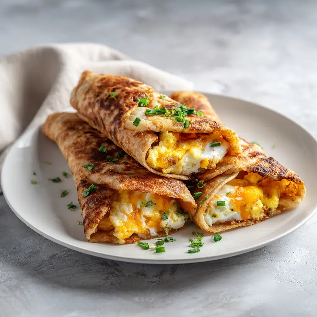 one pan breakfast wrap with eggs and cheese on white plate