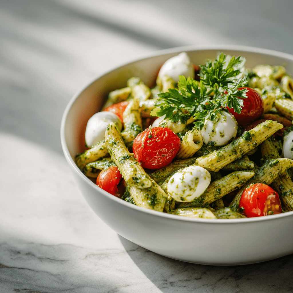 Pesto pasta salad with basil pesto, mozzarella and cherry tomatoes